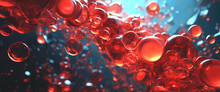 Pretty Red Bubbles Background With Dark Colors, Many Perfect Illuminated Circles In Various Sizes Floating Under Water, Detailed, Slightly Defocused Design Made Using Generative AI.