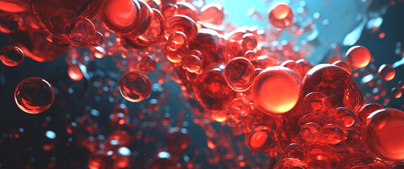 Pretty red bubbles background with dark colors, many perfect illuminated circles in various sizes floating under water, detailed, slightly defocused design made using Generative AI.