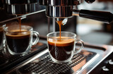 Fototapeta Mapy - Close-up of espresso pouring from coffee machine. Professional coffee brewing