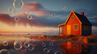 Serenity at Dusk: A Cozy Seaside Cottage Amidst Reflective Bubbles and a Crimson Sunset. Generative AI
