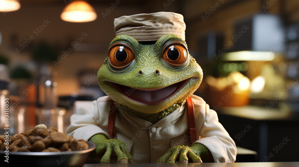 funny frog wear a chef uniforms cooking in the kitchen on kithen ...