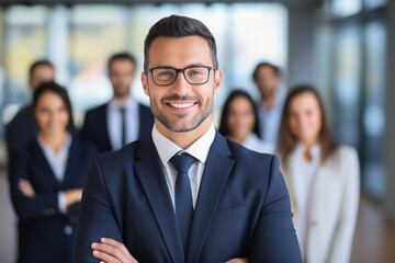 Wall Mural - Portrait of handsome smiling businessman with his colleagues, Multi-ethnic group of business persons standing in modern office, Successful team leader and his team in background