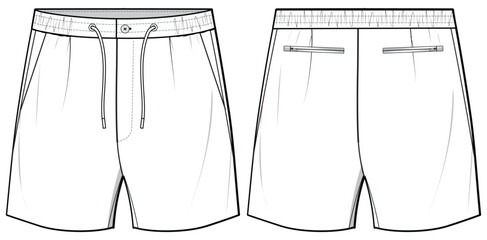 Wall Mural - Men's Sports Sweat shorts design front and back view flat sketch fashion illustration, Knitted Jogger short cad drawing vector template