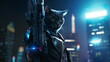 gentle cat wearing super hero uniforms, with futuristic weapon on hand. Generative AI