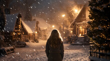 Woman Walks In Snowfall On The Street
