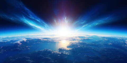 Wall Mural - panoramic view on planet earth globe from space with rising sun. glowing city lights, light clouds. 