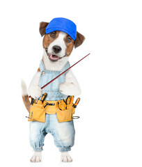 Poster - Funny Jack russell terrier puppy wearing blue cap and denim overalls with tool belt points away on empty space. isolated on white background