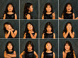 Collage set of studio shots with different facial expressions child oriental girl 6 year old at dark wall, actress emotions portfolio. Emotional kid posing. Kids actor emotion concept. Copy ad space