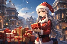 A  Santa Claus Girl Holding Gift Anime Style Illustration