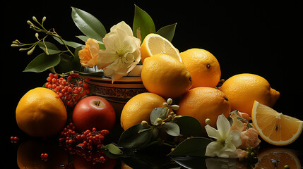 a still life arrangement of halved fruits - an orange, an apple, ginger, and a lemon - styled in a manner that echoes the dynamic, splattered art created with Generative Ai