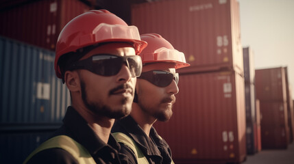 Group of workers at container terminal wearing helmet