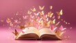 a lot of golden butterflies fly out of an open book on pink background . Advertising of romantic literature