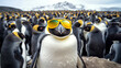 Stand out concept. Penguin in yellow sunglasses against the backdrop of penguin colony