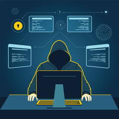 hacker, hacking computer, Cybercriminal with a laptop, Cybercrime, hacker activity, DDoS attack. Cyberattacks and website security