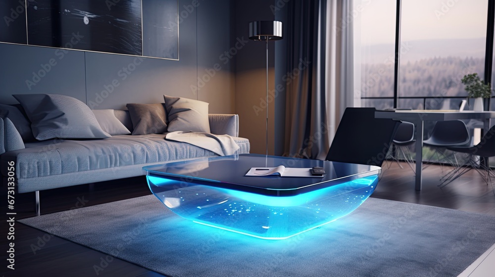 Glowing digital modern living room interior. VR smart home connected to ...