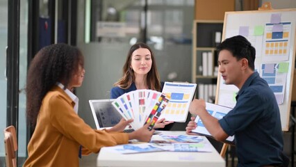 Businessman and woman people meeting in office. Employee brainstorm and work as team, plan and discuss project by point on paper and tablet. .