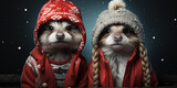 Fototapeta  - funny cute animals wearing winter hats 