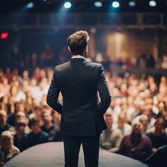 Back view of motivational speaker standing on stage in front of audience for motivation speech on conference or business event