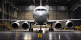 Fototapeta  - Frontal view of a passenger aircraft in a hangar, undergoing maintenance and repair for engine and fuselage servicing, highlighting aircraft maintenance