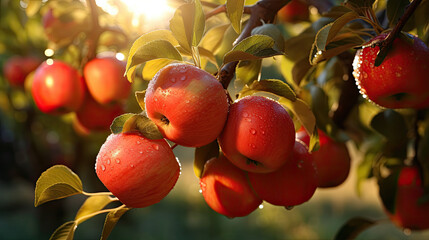 Wall Mural - apples on a branch, Fruit farm with apple trees. Branch with natural apples on blurred background of apple orchard in golden hour. Concept organic, local, season fruits and harvesting