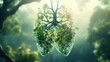 healthy lungs concept. Futuristic Human anatomy lungs from line triangles connecting on blurred sunny light green forest background with copy space around