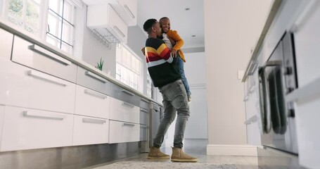 Canvas Print - Happy, playful and a father and child in a house for bonding, family and quality time in the kitchen. Smile, hug and an African dad with a laughing child, playing and being funny together for fun