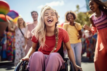 Photo of a girl in a wheelchair having a fun day out with friends at an amusement park. Generative AI