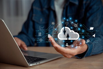 Business  using laptop with virtual popup icon of cloud computin Storage and data transfer Cloud network , Cloud technology. Networking and internet service concept.