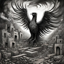 A Surreal Charcoal Artwork Of A Phoenix Emerging From The Ruins, A Symbol Of Rebirth.