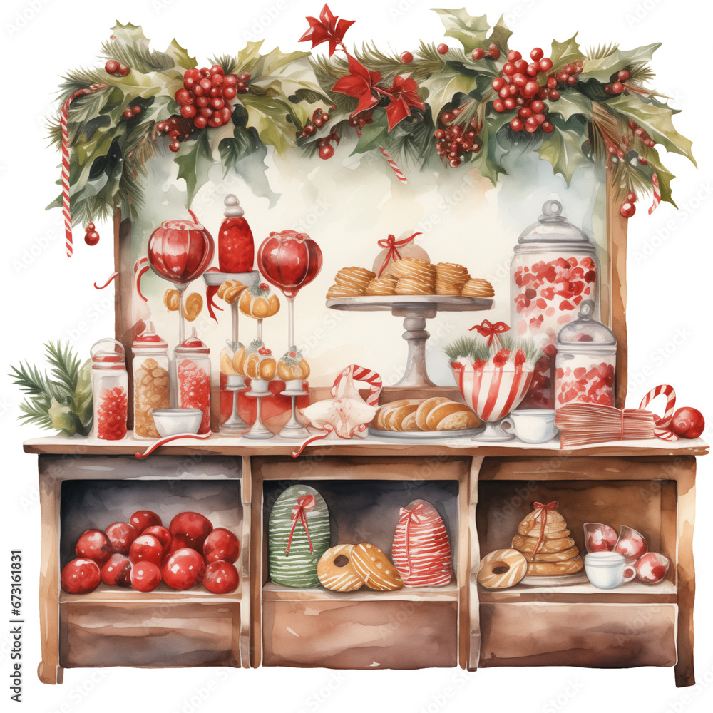 Candy stall Christmas market, Sweet shop watercolor illustration isolated with a transparent background, Holiday season Christmas candy store design