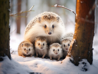 Wall Mural - A Photo of a Hedgehog and Her Babies in a Winter Setting
