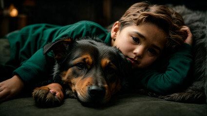 Wall Mural - The boy is lying on the floor with his friend the dog, resting after fun games.