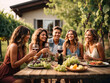 © Yuliia Litvinova - Warm meeting of friends at outdoor dining table. Generative AI