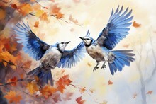 Aggressive Blue Jays Squabbling For Food During Autumn, Two Birds Flying Away In Retreat. Generative AI