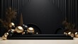 Background products minimal podium scene with Christmas decoration in black and gold color in expensive luxary style.