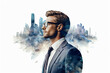 Art of double exposure of attractive Businessman overlay with the modern city. Concept of Leadership and futuristic business. copy space. white background