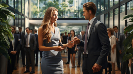 Wall Mural - A Businessman and Businesswoman Shaking Hands in a Spacious Corporate Hall