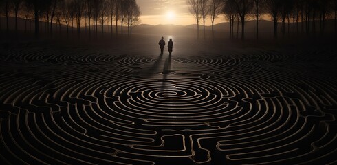 At sunset, two adult people walk on ground embellished with a labyrinth pattern against a backdrop of trees and a setting sun.