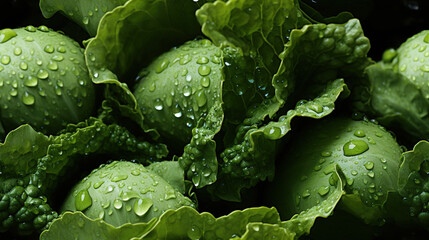Wall Mural - Water Drops on Group of Green Raw Cabbage Background Selective Focus
