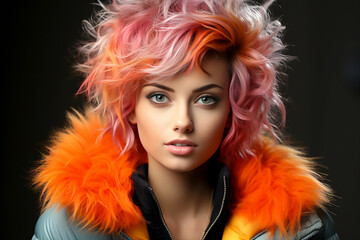 Wall Mural - Portrait of a beautiful girl with rainbow neon hair style on black background.