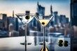 A symmetrical and elegant shot of a martini glass, filled with a crystal-clear gin martini, complete with a single, meticulously placed olive, and a pristine cityscape in the background.
