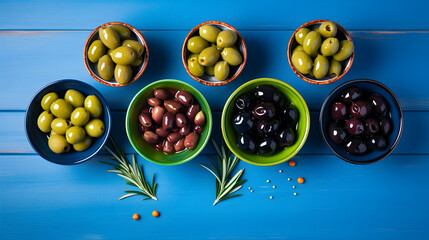 Sticker - Assortment of fresh olives with different colors in bowls with rosemary branches on blue wooden background. Top view.