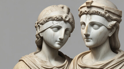 Two ancient marble busts statue of roman era women, traditional clothing and hairstyles