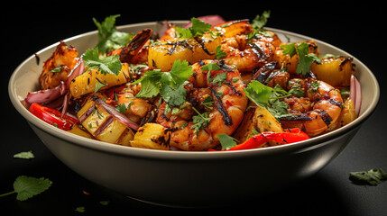 Wall Mural - Grilled Shrimp Skewers with Pineapple Salsa on Selective Focus Background