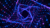 Fototapeta Do przedpokoju - Abstract square speed tunnel with blue light on black background. Science background with dots and lines moving in a spiral. Wormhole technology. Digital structure with particles. 3d rendering.