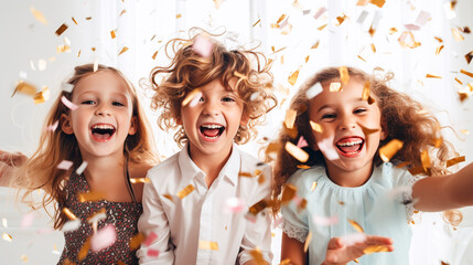 group of childs dancing and cheering about confetti shower at a birthday party