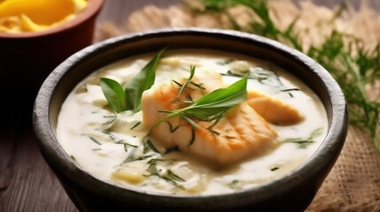 Bowl of Delicious Fish Creamy Soup on Blurry Background