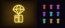 Outline Neon Flying Box Icons. Glowing Neon Box With Parachute, Air Delivery Parcel, Flying Package With Order. Gaming Loot Box, Game Airdrop Prize. Donation, Free Gift, Drop Surprise. Vector Icon Set