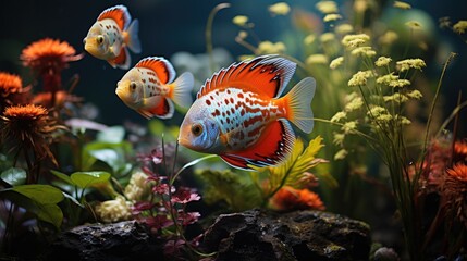 Colorful aquarium background with tropical fish freshwater angelfish, Discus Tetra, aquatic plants
