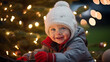 © Nomad_Soul - Cute little baby child wearing warm clothes under Christmas light. Generative AI
